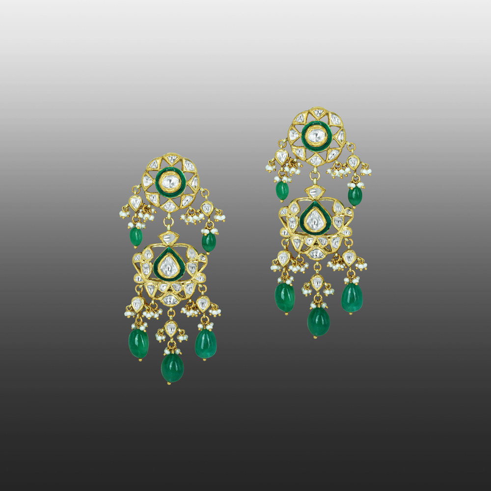 Pear Shaped Polki Earrings with Emerald Drops and Cascading Design